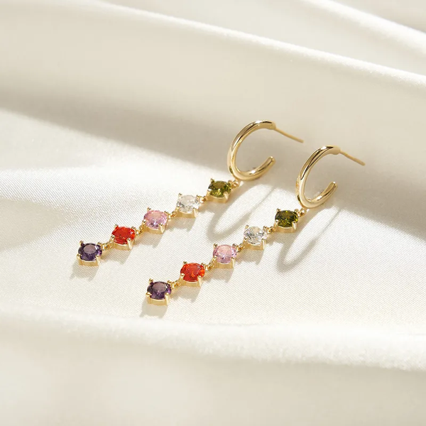 Rainbow Gemstone Drop Earrings, Colorful CZ Dangle Earrings