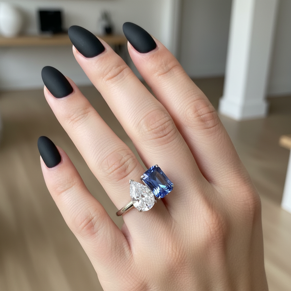 Blue Sapphire & White CZ Two Stone Ring, Toi et Moi Engagement Ring,