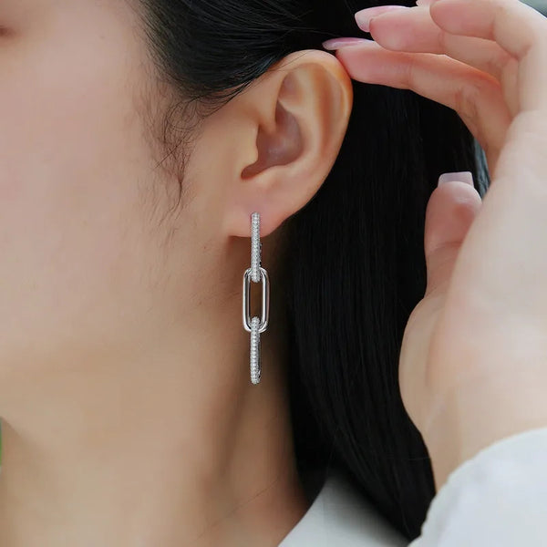 Silver Link Drop Earrings with CZ Stones – Elegant Geometric Chain Dangle Earrings