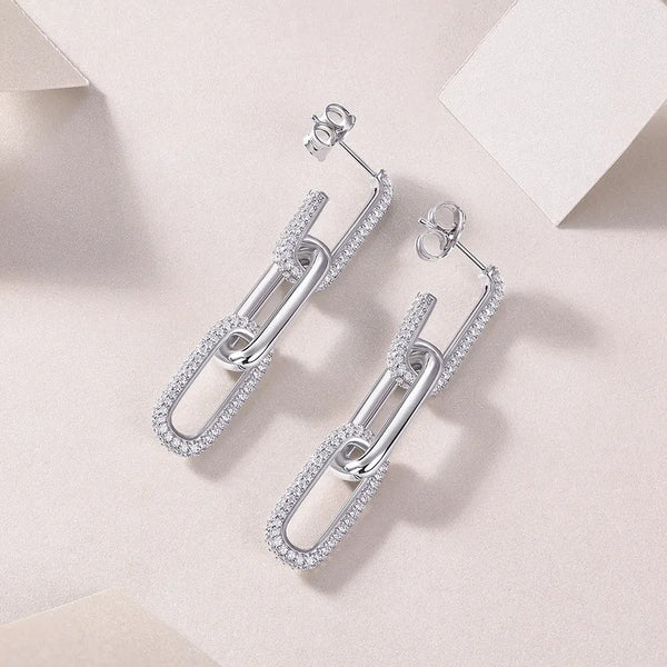 Silver Link Drop Earrings with CZ Stones – Elegant Geometric Chain Dangle Earrings
