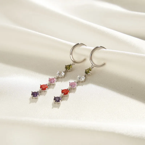 Rainbow Gemstone Drop Earrings, Colorful CZ Dangle Earrings
