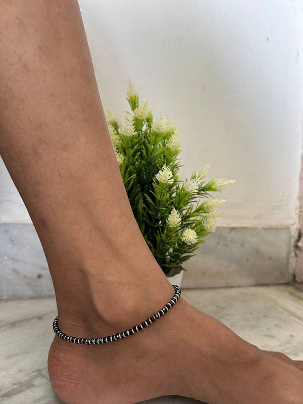Black Beaded Anklet for Women, Silver Accent Chain Anklet