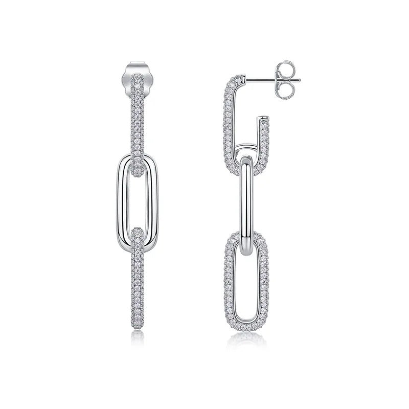 Silver Link Drop Earrings with CZ Stones – Elegant Geometric Chain Dangle Earrings