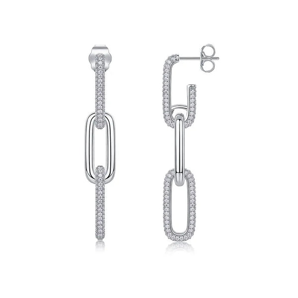 Silver Link Drop Earrings with CZ Stones – Elegant Geometric Chain Dangle Earrings