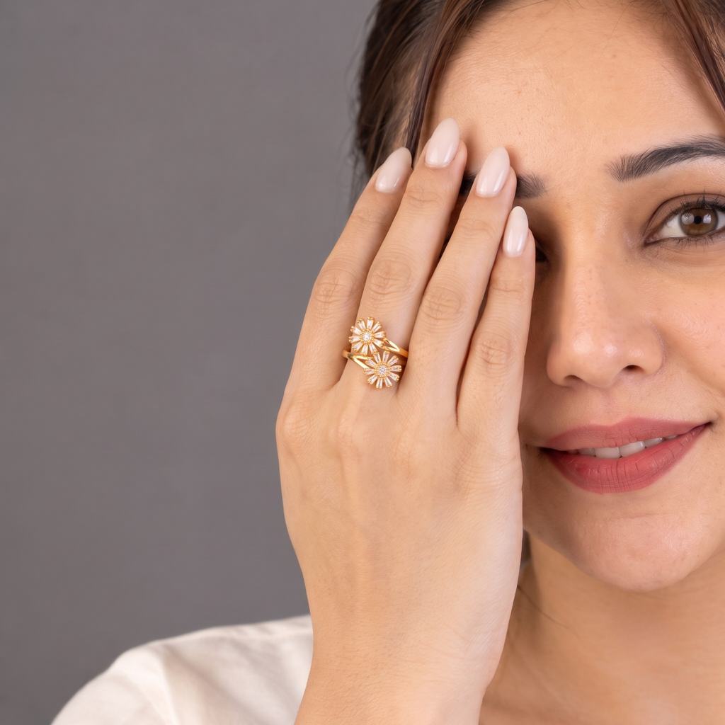 Elara Floral Bloom CZ Gold Ring for Women