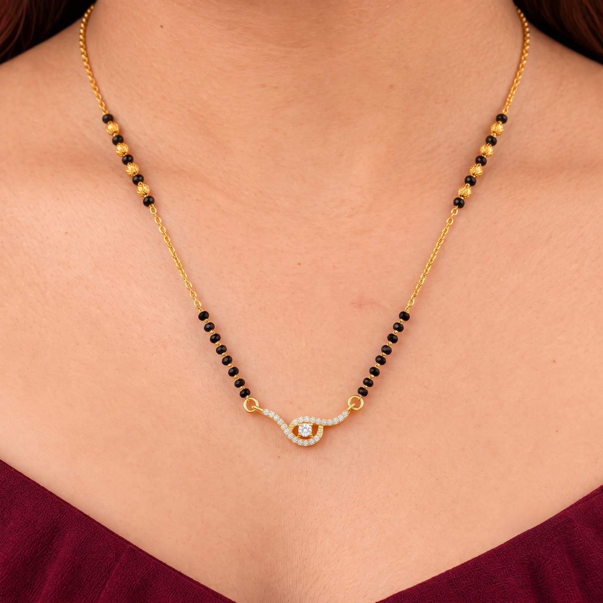 Aurelia Swirl Mangalsutra | Elegant CZ Diamond Pendant Mangalsutra
