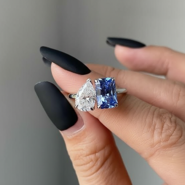 Blue Sapphire & White CZ Two Stone Ring, Toi et Moi Engagement Ring,