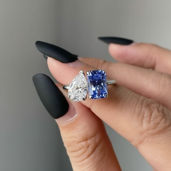Blue Sapphire & White CZ Two Stone Ring, Toi et Moi Engagement Ring,