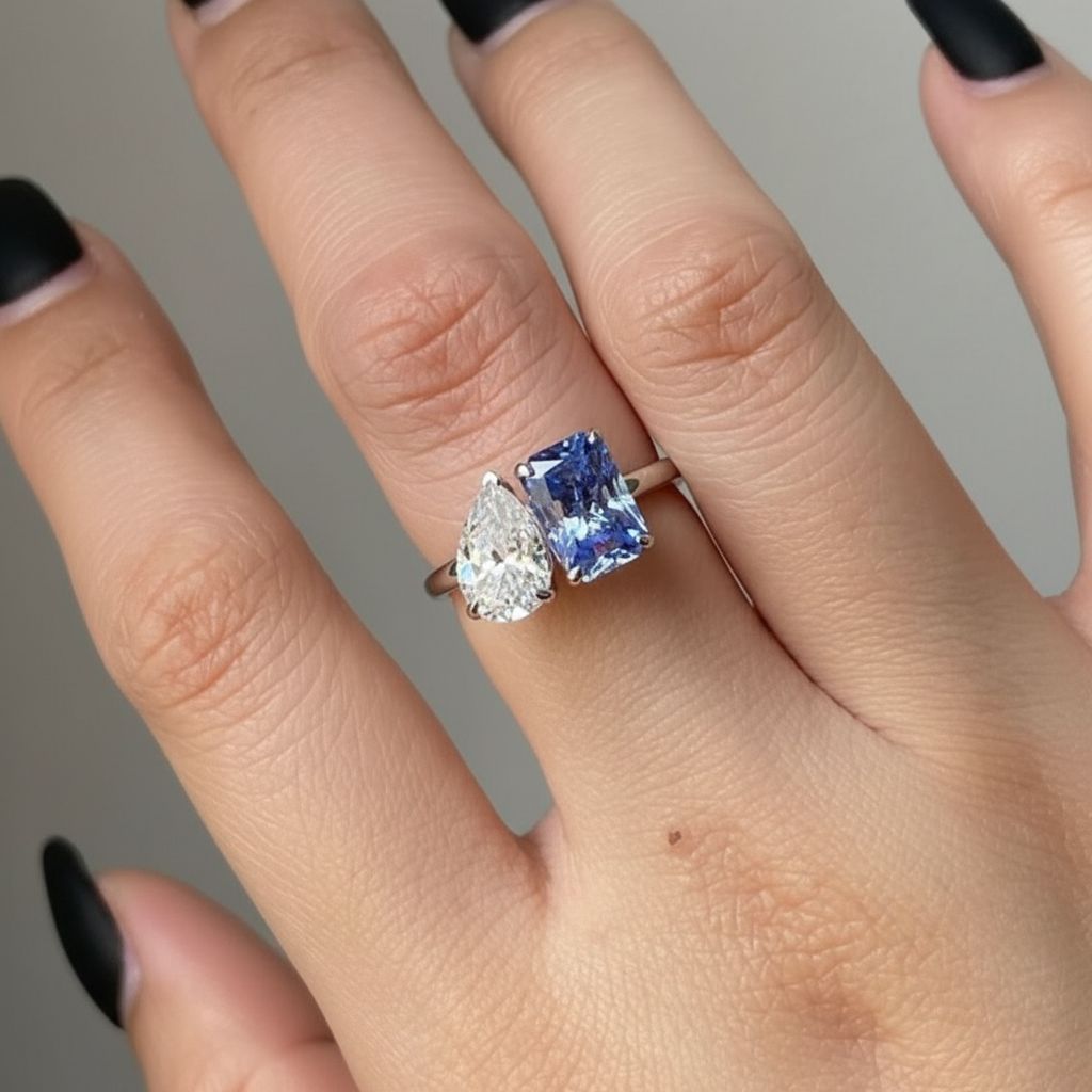 Blue Sapphire & White CZ Two Stone Ring, Toi et Moi Engagement Ring,