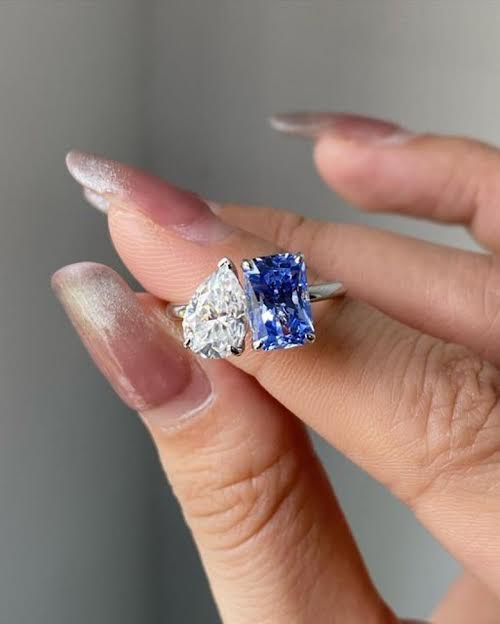 Blue Sapphire & White CZ Two Stone Ring, Toi et Moi Engagement Ring,