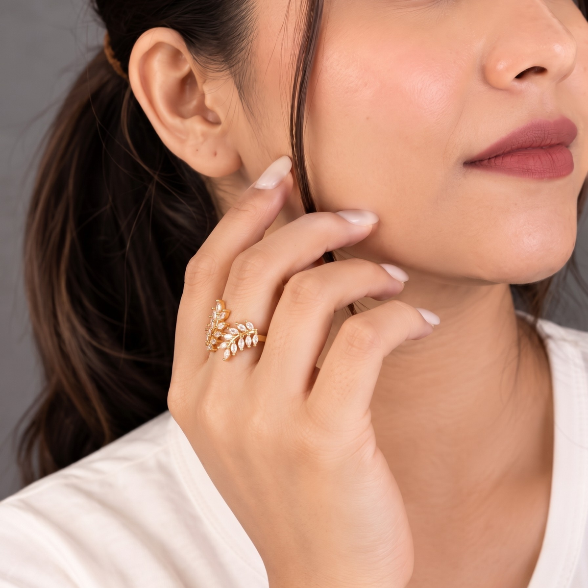 Elara Marquise Leaf CZ Adjustable Gold Ring for Women