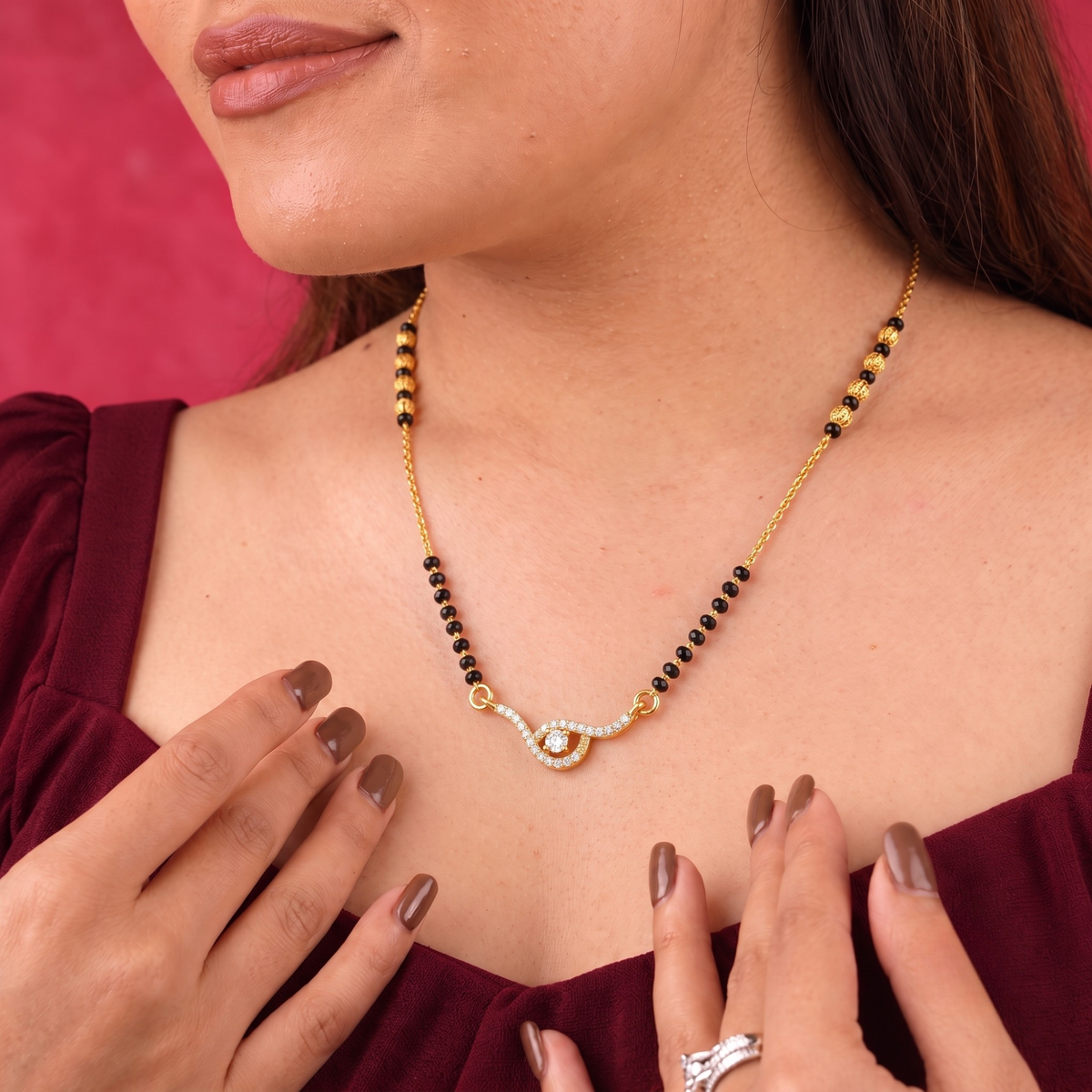 Aurelia Swirl Mangalsutra | Elegant CZ Diamond Pendant Mangalsutra
