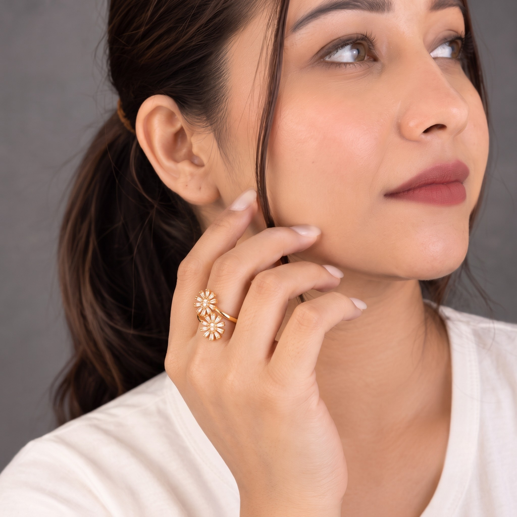 Elara Floral Bloom CZ Gold Ring for Women