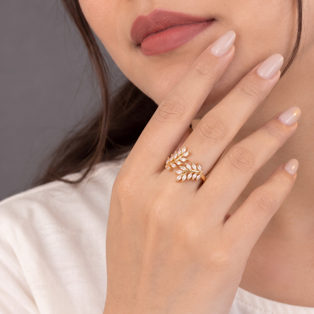Elara Marquise Leaf CZ Adjustable Gold Ring for Women