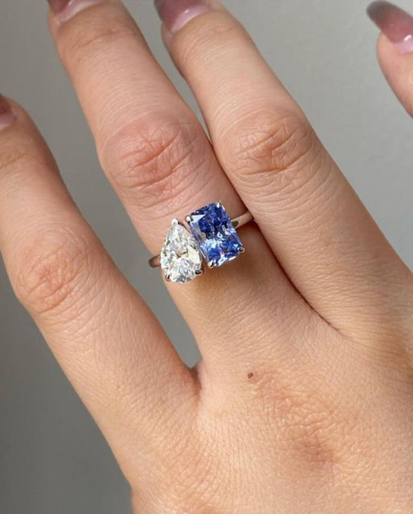 Blue Sapphire & White CZ Two Stone Ring, Toi et Moi Engagement Ring,