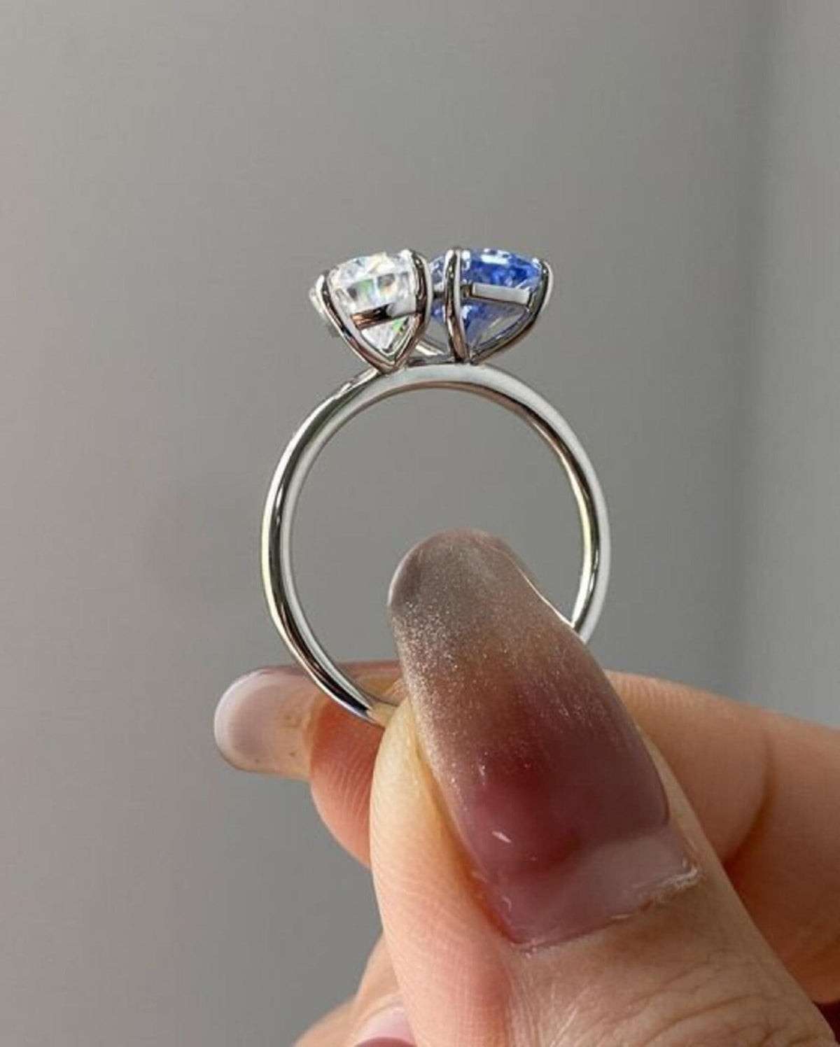 Blue Sapphire & White CZ Two Stone Ring, Toi et Moi Engagement Ring,