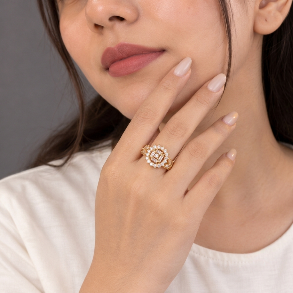Elara Royal CZ Statement Gold Ring for Women