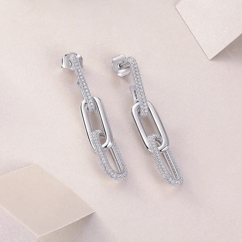 Silver Link Drop Earrings with CZ Stones – Elegant Geometric Chain Dangle Earrings