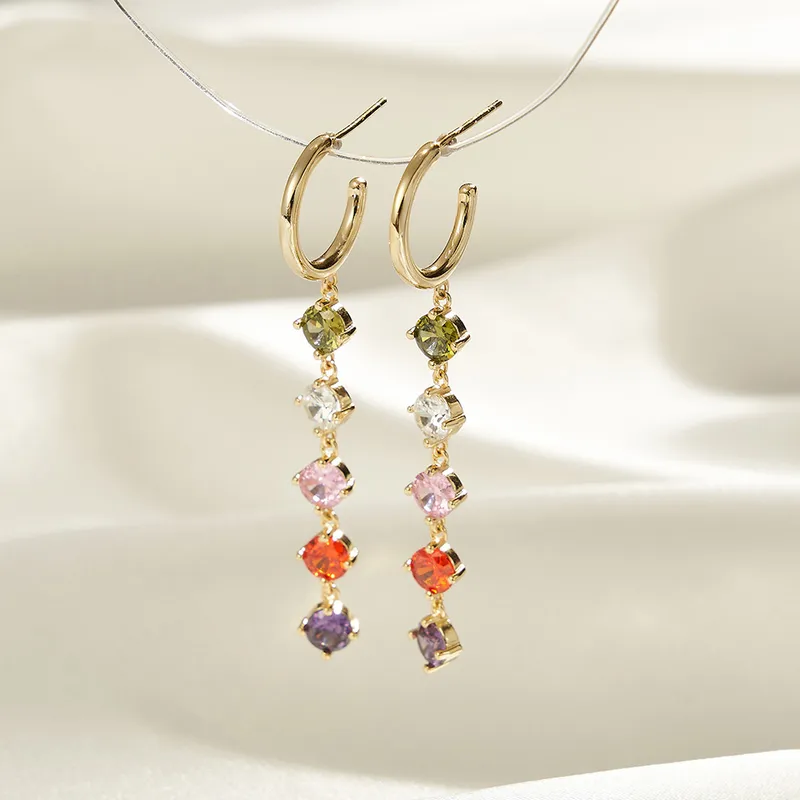 Rainbow Gemstone Drop Earrings, Colorful CZ Dangle Earrings