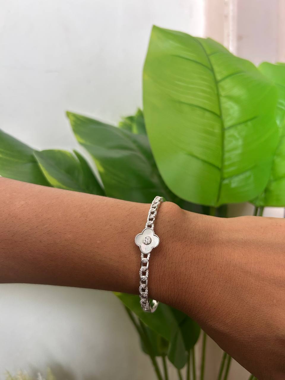 Elegant Clover CZ Bracelet | Silver-Tone Floral Bracelet for Women