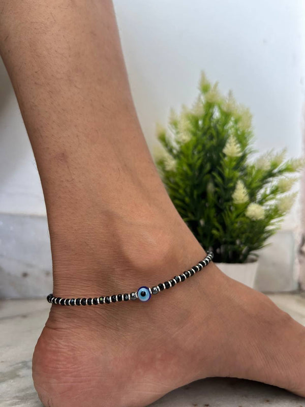 Evil Eye Black Beaded Anklet for Women, Blue Nazar Charm Anklet