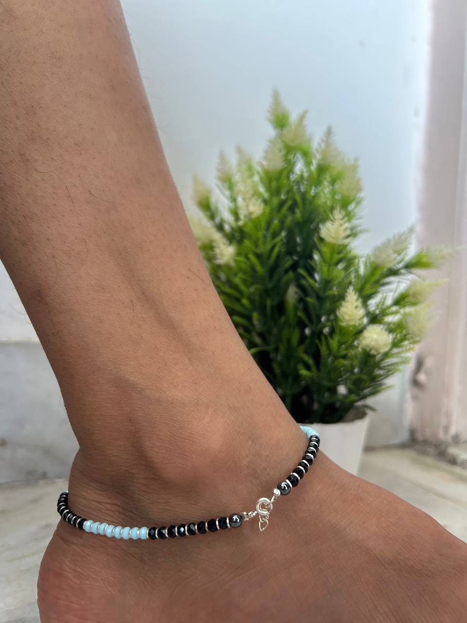 Black & Light Blue Beaded Anklet | Stylish Anti-Tarnish Ankle Bracelet for Women